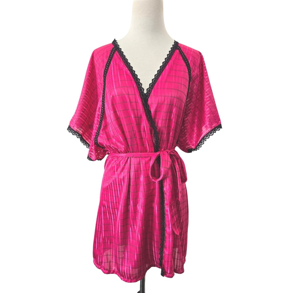 Vtg Symmetry Fashions Pink Plaid Sheer Kimono Robe Black Lace Trim Tie Waist M